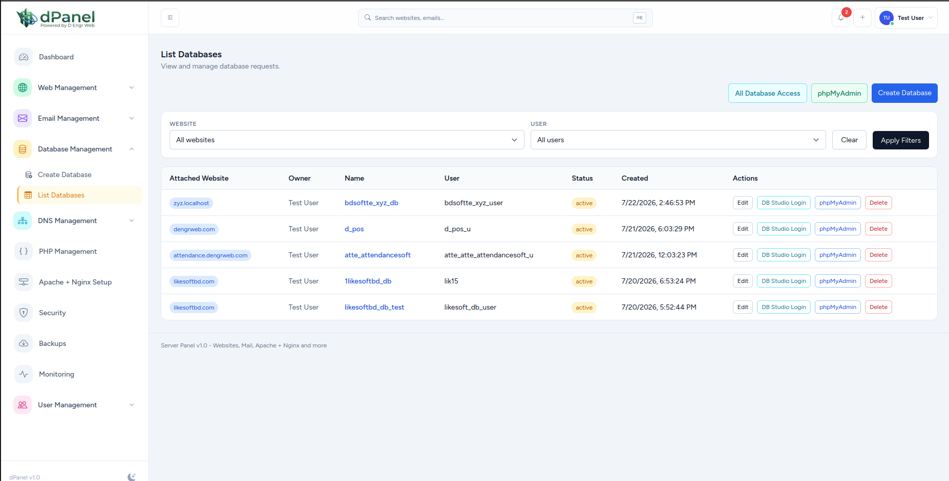 dPanel Databases screenshot
