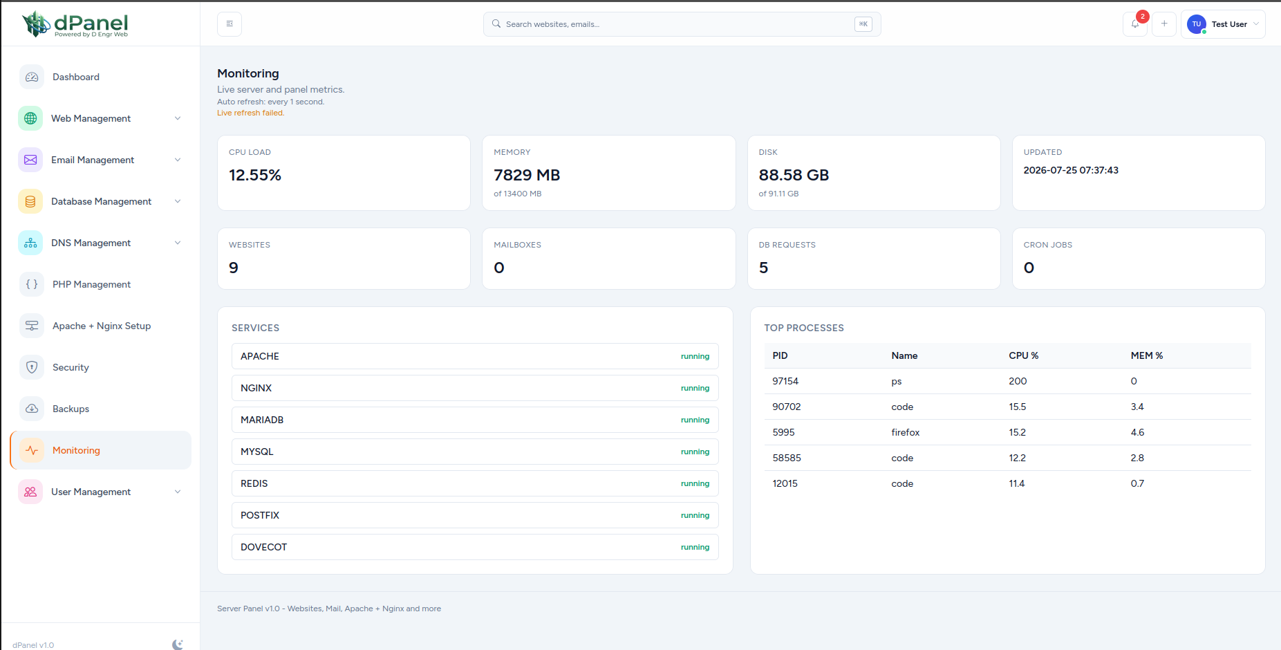 dPanel Server Tasks screenshot