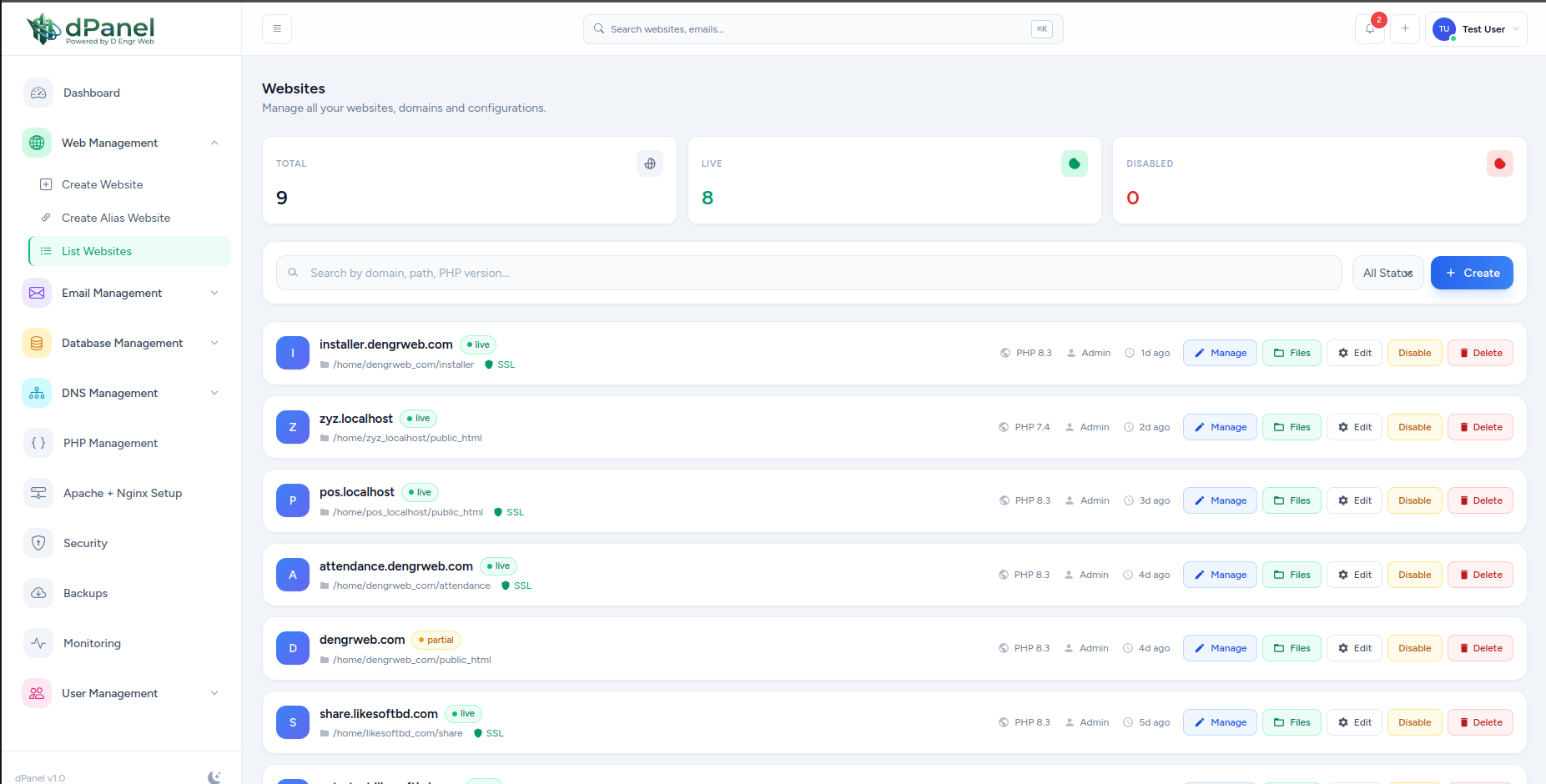 dPanel Websites screenshot